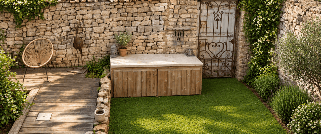 Local technique d’un mini spa MINIPOOL dissimulé sous une cuisine d’été sur mesure dans un jardin de 50 m² sur l’Île de Ré